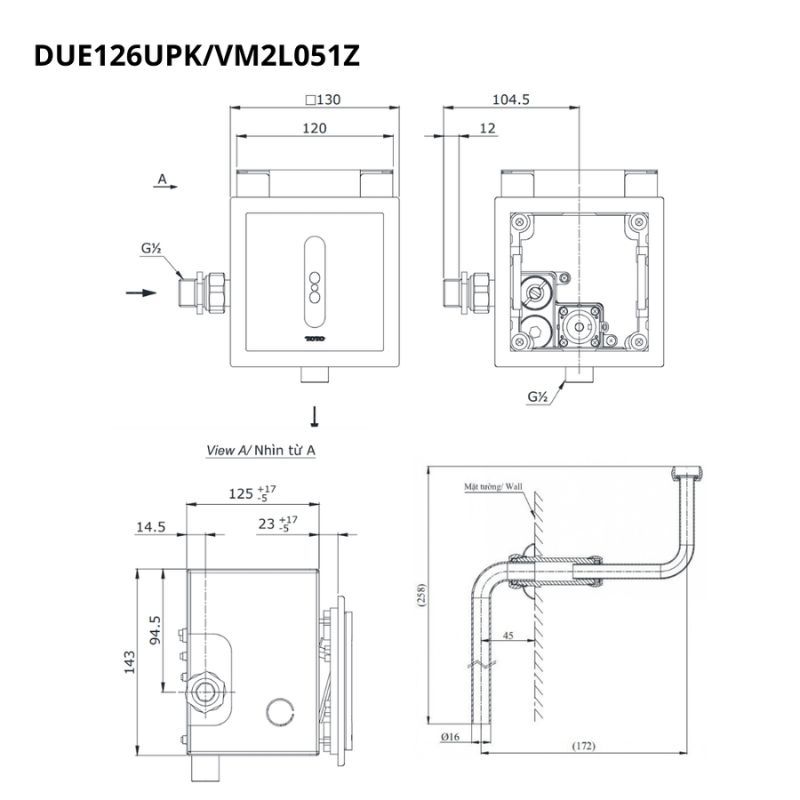 Van xả tiểu TOTO DUE126UPKA VM2L051Z cảm ứng dùng pin kèm ống nối